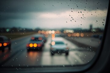 Wall Mural - Rain-splattered aircraft glass seeing a runway below Generative AI