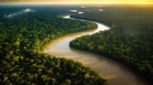 Aerial View Of Amazon Rainforest Jungle With River . Generative AI , Generative Ai