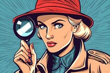 Woman Is A Detective Looking Through Magnifying Glass Search. Vector Illustration In Pop Art Retro Comics Style. Poster For Advertising