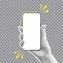 Mockup Of Smartphone In Halftone Hand. Vector Illustration With Hand Holding Phone With Blank Display Isolated On Checkered Background. Paper Cut Out Element For Decoration Of Banners And Posters.