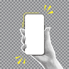 mockup of smartphone in halftone hand. vector illustration with hand holding phone with blank displa