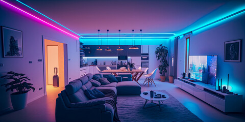 A modern and confortable living room illuminated by led strips - Generative AI