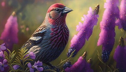 Wall Mural - A sunlit closeup of a purple finch perched on a lupine flower in a sunny meadow. Generative AI