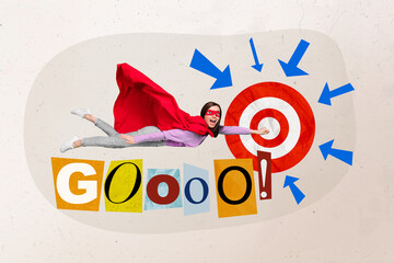 Wall Mural - Creative abstract photo concept collage of funky super girl wear red cloak mask flying striving for goal isolated colorful background