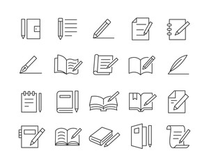 document and writing icons - vector line. editable stroke.