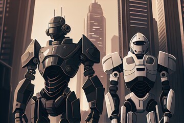 Poster - two sleek and modern robots standing in a futuristic city, surrounded by towering skyscrapers, created with generative ai