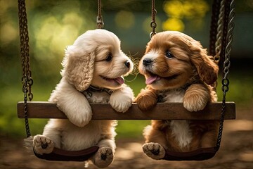 Poster - cute puppies are playing on swing set, with their tails wagging and tongues hanging out, created with generative ai