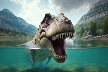 Canvas Print - tyrannosaurus rex swimming in prehistoric lake, its massive head above the water, created with generative ai