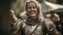 Smiling Happy Older Woman In Plate Armor Battle Warrior At Renaissance Fair, Generative AI