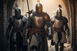 © Natalia - medieval warriors in armor going on way to fight walking knight, created with generative ai