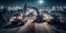 Many Excavators Work On Construction Site With Night Lights - Generative AI