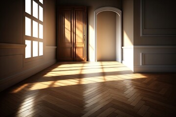 Canvas Print - architecture and parquet or hardwood floor with sunlight in room, created with generative ai