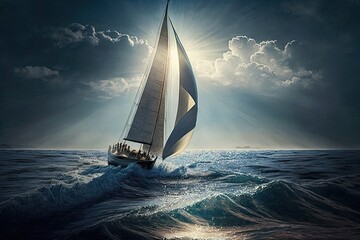 Wall Mural - yacht sailing through tranquil waters, with sun shining down on the water and wind in the sails, created with generative ai