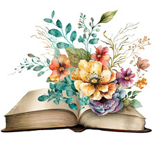 Beautiful Vector Image With Nice Watercolor Hand Drawn Flowers And Books