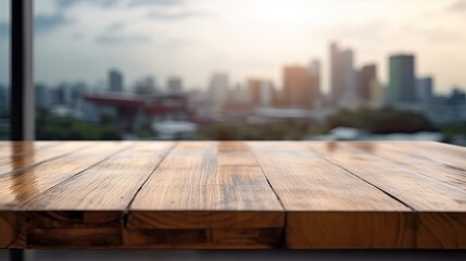 Wood table top on blur glass window wall building background