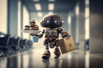 Wall Mural - cute robot assistant, carrying tray of coffee and pastries, bringing refreshments to conference room, created with generative ai