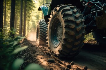 Poster - close-up of the wheel and tracks of an atv through forest, created with generative ai