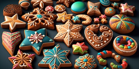 Sticker - Gingerbread cookies in a variety of shapes and colors, perfect for celebrating. Generative AI