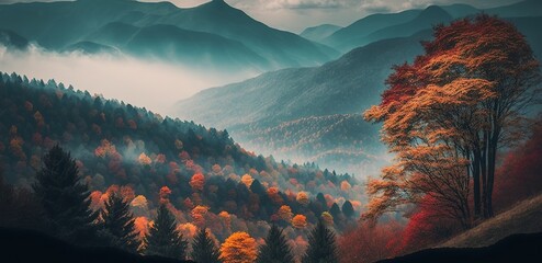 Wall Mural - Amazing sight of autumnal foliage against a misty mountain backdrop Generative AI