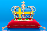 Fototapeta Nowy Jork - Royal golden crown on pillow with the Kingdom of Sweden flag, 3D rendering