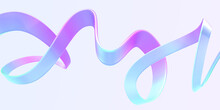 Holographic Ribbon Swirl Wave Line Isolated On Abstract Background 3d Render. Iridescent Neon Foil Hologram Shape With Gradient Pink, Blue And Purple Texture In Motion, Splash Curve. 3D Illustration