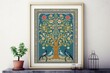 Traditional Mughal motif, frame, arch, peacock, flower, tropical tree. Mughal wall art printable, living room decor. Generative AI