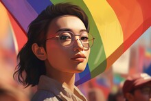 Beautiful Fictional Asian Queer, Gay, Lesbian Bisexual, Homosexual Or Transgender Person With Rainbow Flag At Gay Pride, Banner For Pride Month Created With Generative Ai