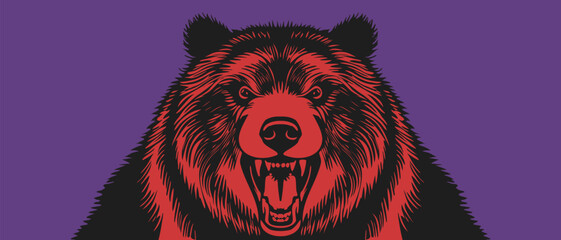 Vector black-red huge scary bear with an open maw on a purple background. Ursine portrait.