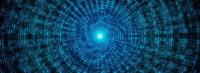 Binary Code backgrounds, a sequence of zero and one number as speed lines to a vanishing point on a blue background. Numbers of the computer matrix. The concept of coding and cybersecurity
