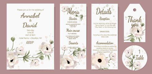 Spring anemone flowers for floral wedding card, invitations, thank you, menus. Delicate invitation design template with anemone and leaves. 