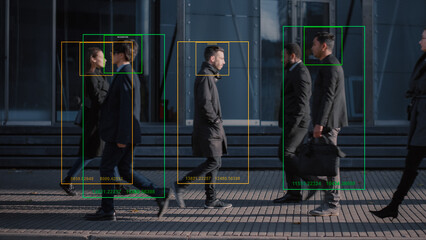 Crowd of Business People Tracked with Technology Walking on Busy Urban City Streets. CCTV AI Facial Recognition Big Data Analysis Interface Scanning, Showing Personal Information.