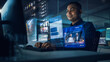 © Gorodenkoff - Futuristic Computer User Hologram Screens Concept: Indian Man Login, Use PC with Holographic Projection, Displays Show Websites, Video Streaming Services, Social Media, e-Commerce, e-Learning Content