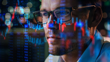 Aufkleber - Stock Market Trader Working Investment Charts, Graphs, Ticker, Diagrams Projected on His Face and Reflecting in Glasses. Financial Analyst and Digital Businessman Selling Shorts and Buying Longs