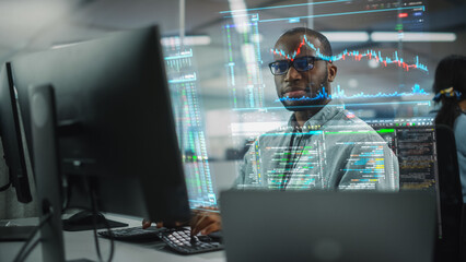 Aufkleber - Futuristic Office with Hologram Screens Concept: Portrait of Professional Black IT Specialist Working on Desktop Computer with Holographic Projection Showing Stock Market Information, Big Data, Charts