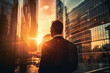 Vue de dos d'un businessman observant le coucher du soleil entre les immeubles » IA générative