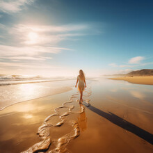 Beautiful Woman Walking On An Endless Beach With Sea, Ai Generative