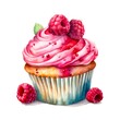 Watercolor illustration of a raspberry cupcake on white background. Generative AI.