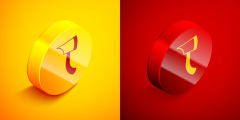 Poster - Isometric Firefighter axe icon isolated on orange and red background. Fire axe. Circle button. Vector