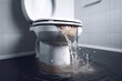 Clogged sewer system. Water rises from the toilet bowl. Created with Generative AI technology.