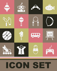 Poster - Set Gamepad, Chalkboard, Bow toy, Boomerang, Rattle baby, Slingshot, Whirligig and Jump rope icon. Vector