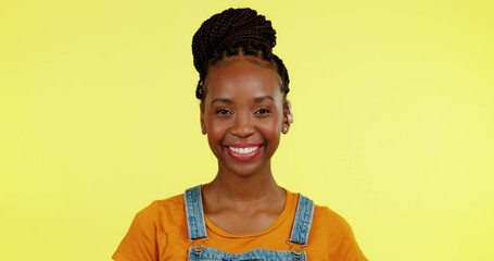 Sticker - Salute, portrait and black woman with deaf hearing aid in greeting sign language isolated in a yellow studio background. Smile, welcome and young female with a listening disability doing hand gesture