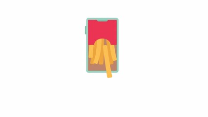 Wall Mural - french fries on phone animation. animated crispy fried potato sticks on mobile screen 2d cartoon fla