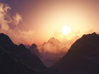 Wall Mural - 3d mountain range against sunset sky with low clouds