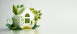 © CYBERUSS - Eco friendly house with copy space and green environmental background. Generative Ai