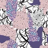 Fototapeta Młodzieżowe - The seamless pattern of abstract spots from different textures is hand-drawn with brush brushes. The lines are black