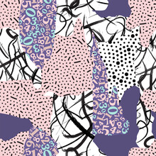 The Seamless Pattern Of Abstract Spots From Different Textures Is Hand-drawn With Brush Brushes. The Lines Are Black