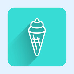 Sticker - White line Ice cream in waffle cone icon isolated with long shadow background. Sweet symbol. Green square button. Vector