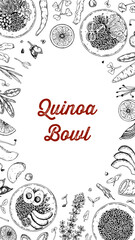Wall Mural - Quinoa bowl background. Hand drawn vector illustration in sketch style. Restaurant menu design.