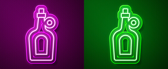 Poster - Glowing neon line Bottle of maple syrup icon isolated on purple and green background. Vector