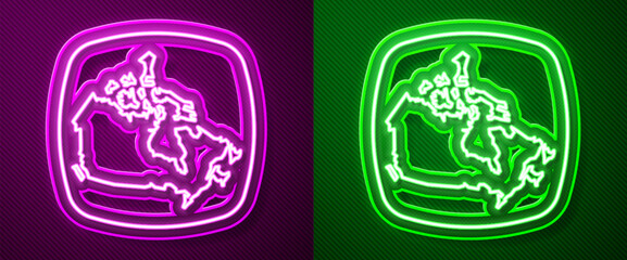 Wall Mural - Glowing neon line Canada map icon isolated on purple and green background. Vector